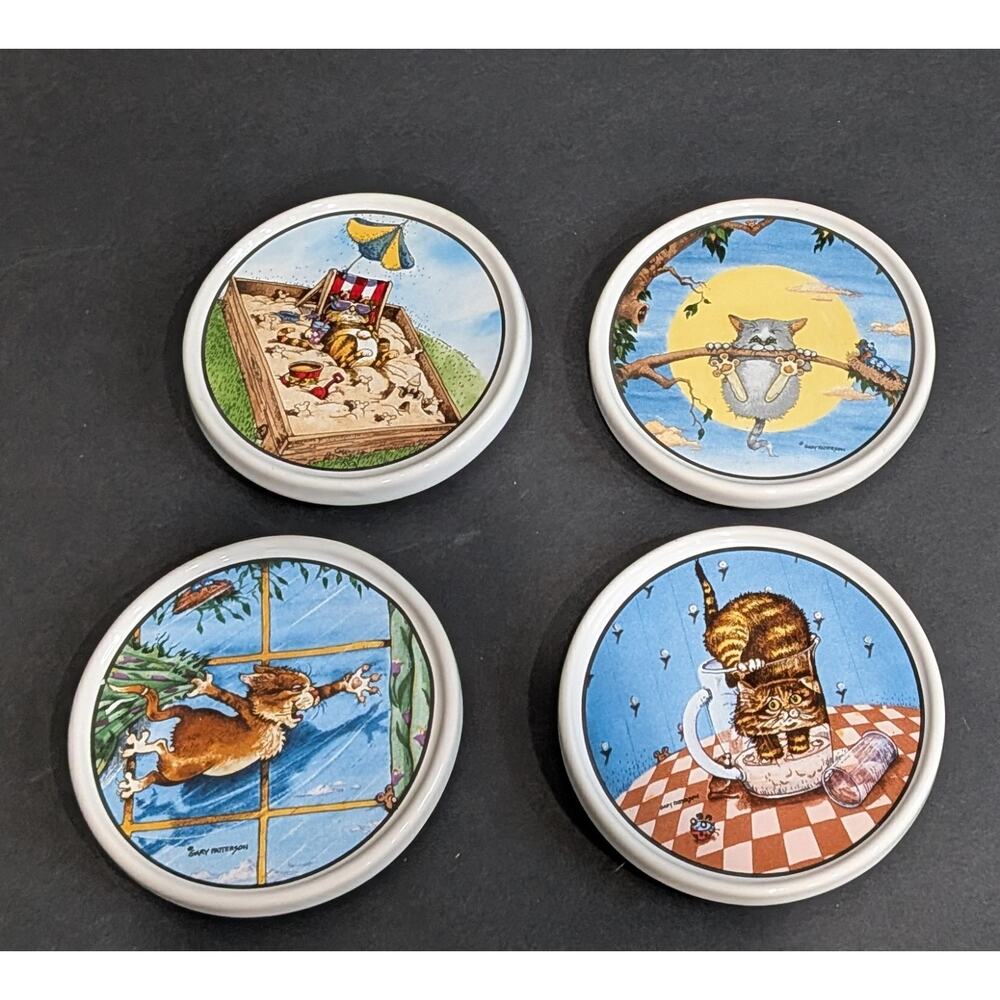 Gary Patterson Cat Comic Ceramic Clay Design Coasters Non-Skid Back Lot Of 4
